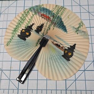 Chinese Paper Folding Hand Fan W/Metal Handle, Vintage Mid-Century, 36